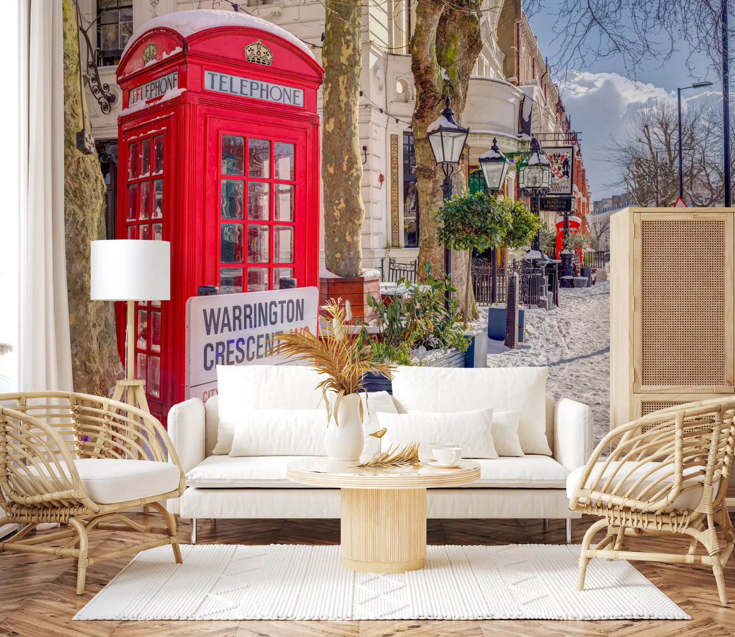 Winter street mural featuring classic red phone box and fresh white snow., GD10422