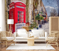 Winter street mural featuring classic red phone box and fresh white snow., GD10422