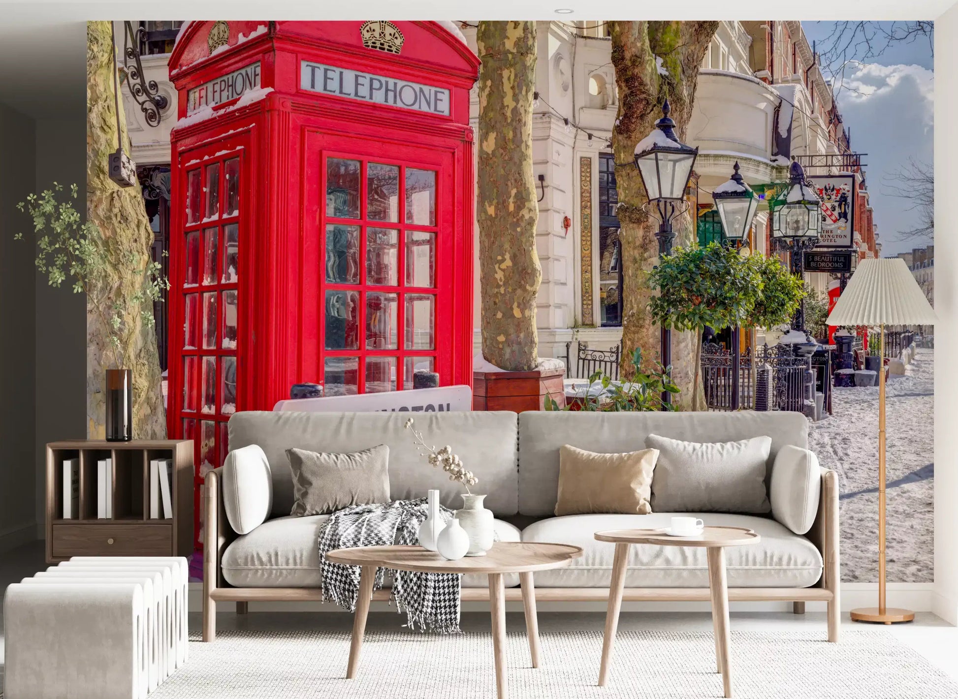 Architectural street mural with telephone box and Warrington Crescent sign., GD10422