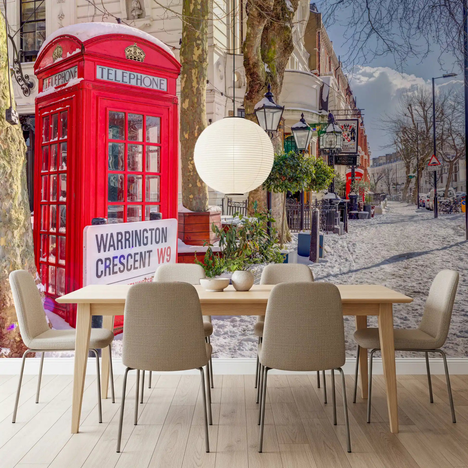 Maida Vale in snow wall mural with red telephone box on snowy pavement in dining room., GD10422