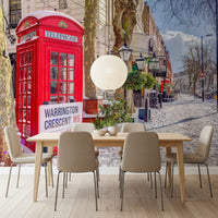 Maida Vale in snow wall mural with red telephone box on snowy pavement in dining room., GD10422