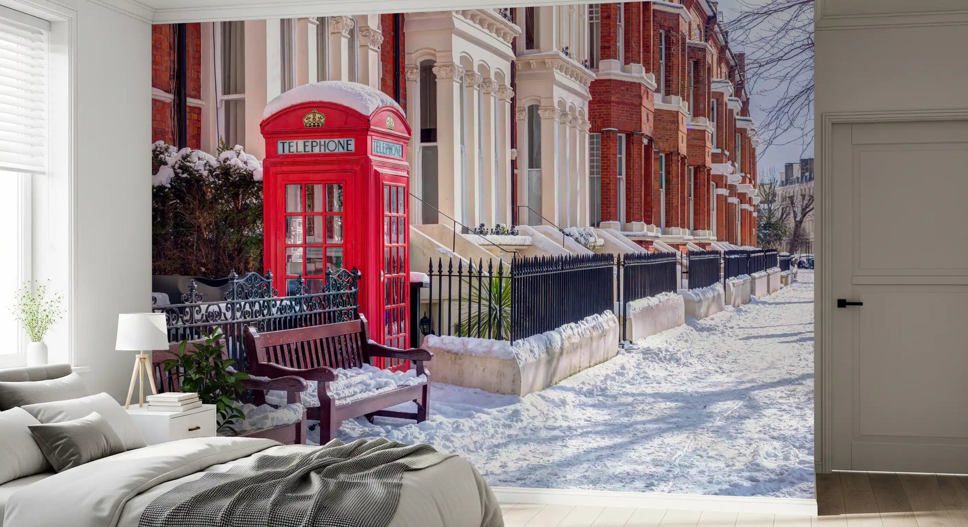 Wrought-iron fences and stone walls in snowy street mural., GD10423