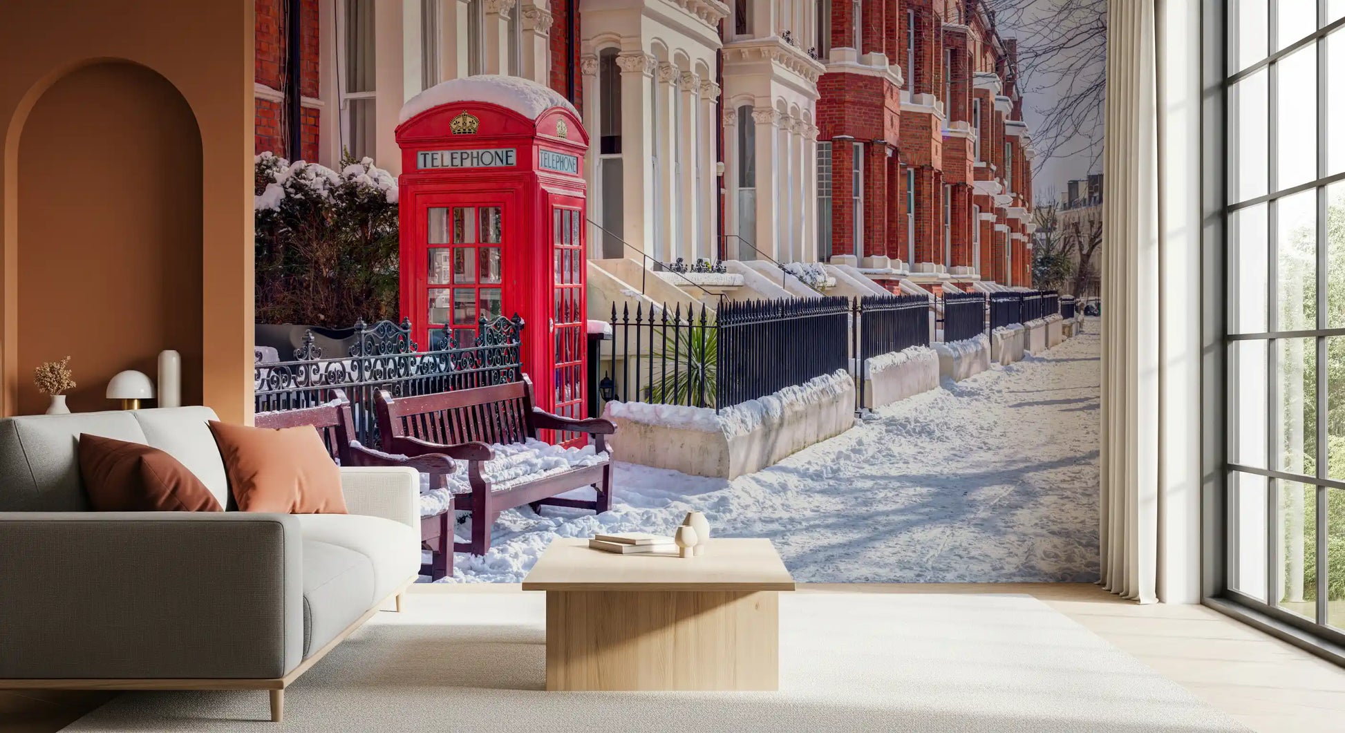 Winter street scene wall mural with white snow and iron railings., GD10423