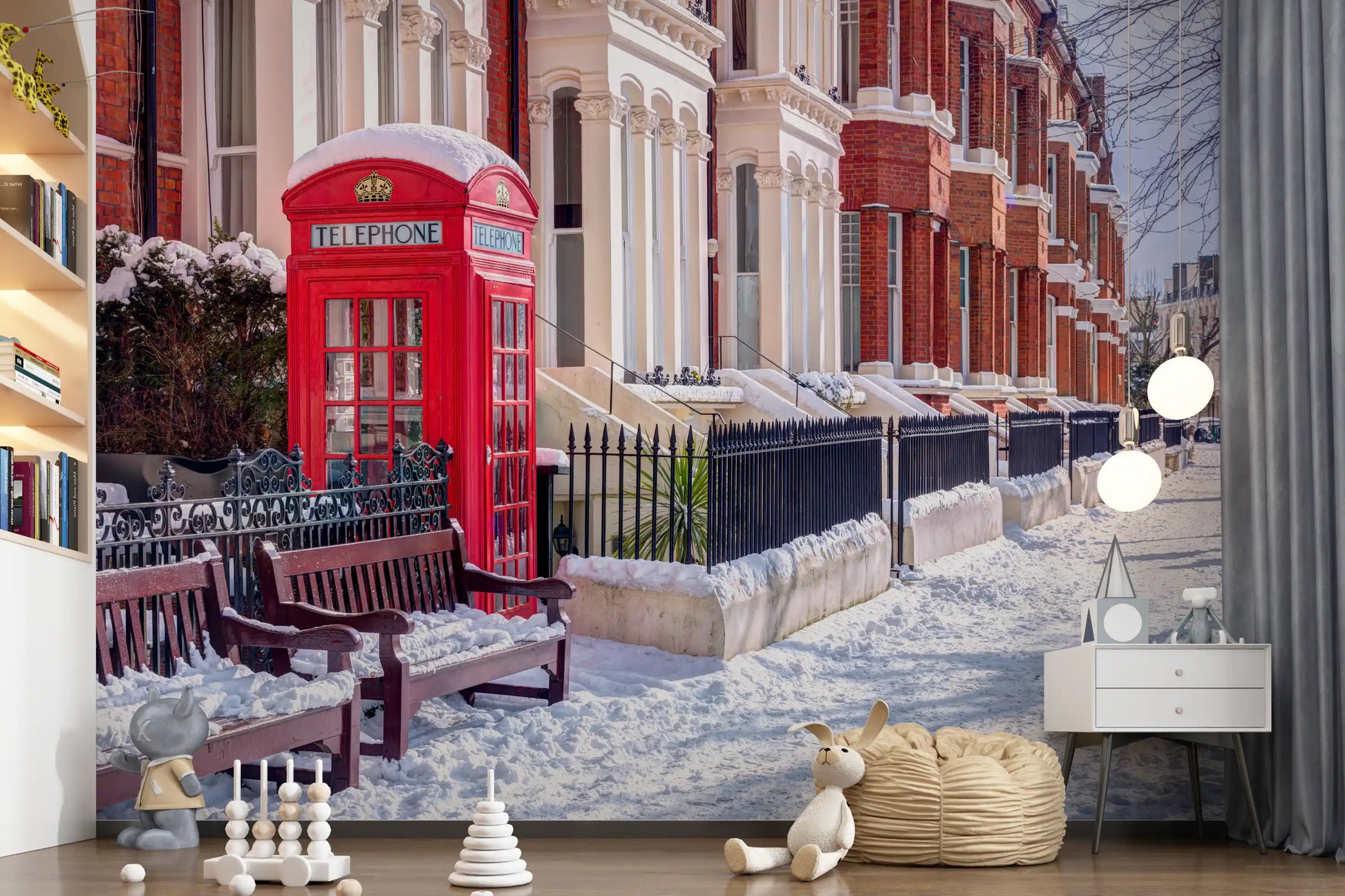 Snowy London wall mural with red telephone booth and Victorian townhouses., GD10423