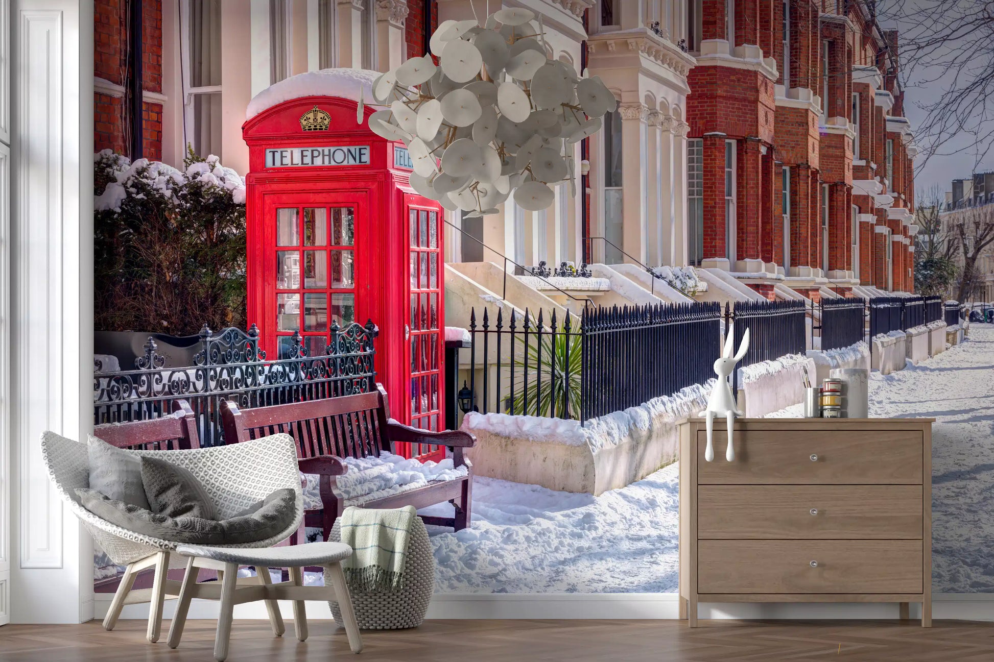 Snowy London mural with brown wooden benches covered in fresh snow., GD10423