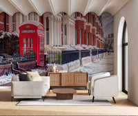 Row of terraced townhouses with ornate columns in winter mural., GD10423