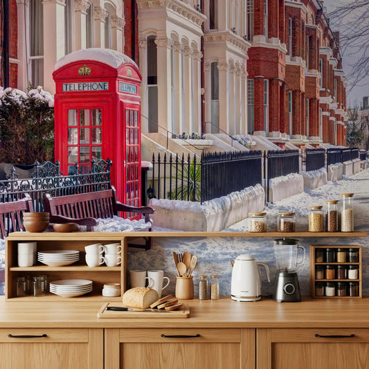 Red phone booth winter wall mural applied in a kitchen space.