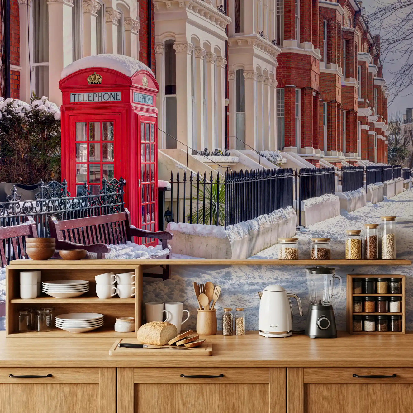 Red phone booth winter wall mural applied in a kitchen space.