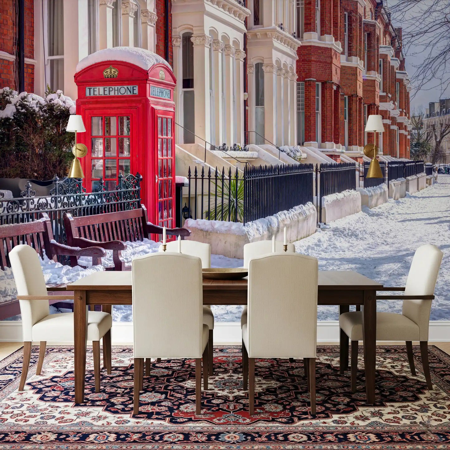 Victorian architecture wall mural with cream facades and bay windows in dining room., GD10423