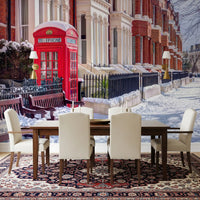 Victorian architecture wall mural with cream facades and bay windows in dining room., GD10423