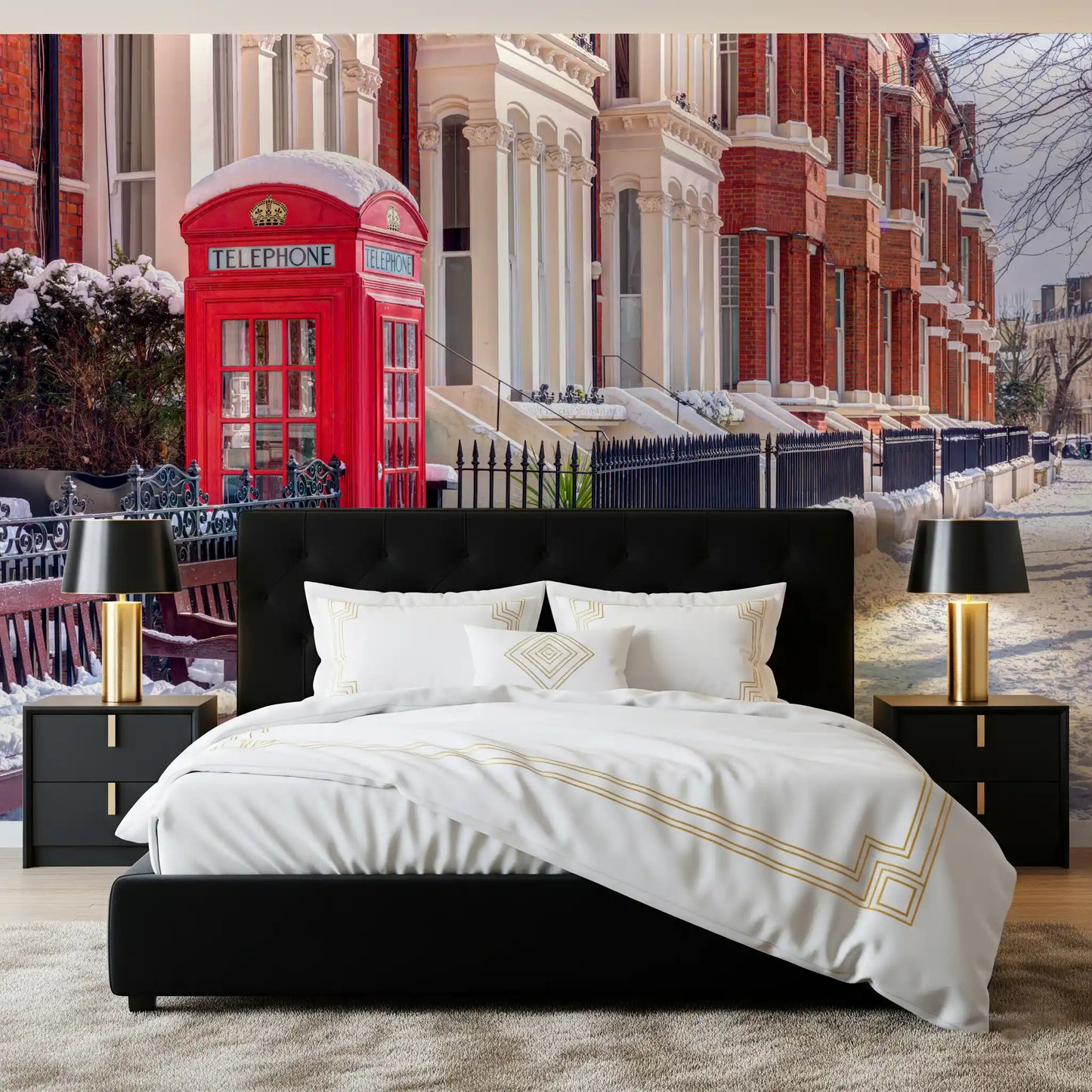 Snowy London wall mural displayed in a bedroom with street view., GD10423