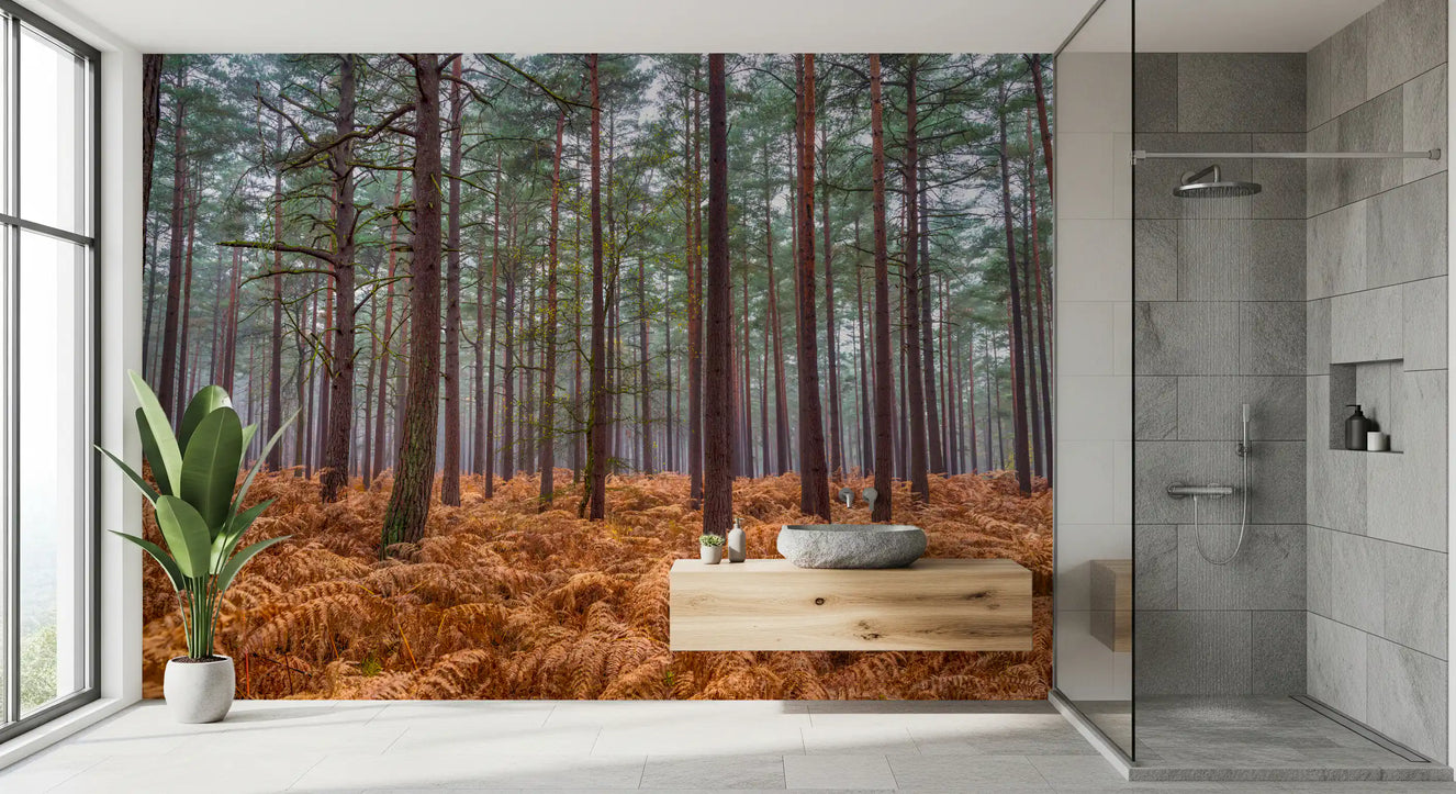 Burnt orange fern fronds and dark brown bark in forest wall mural.