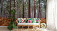 Autumn woodland mural featuring slender pine trunks and brown ferns., GD10424