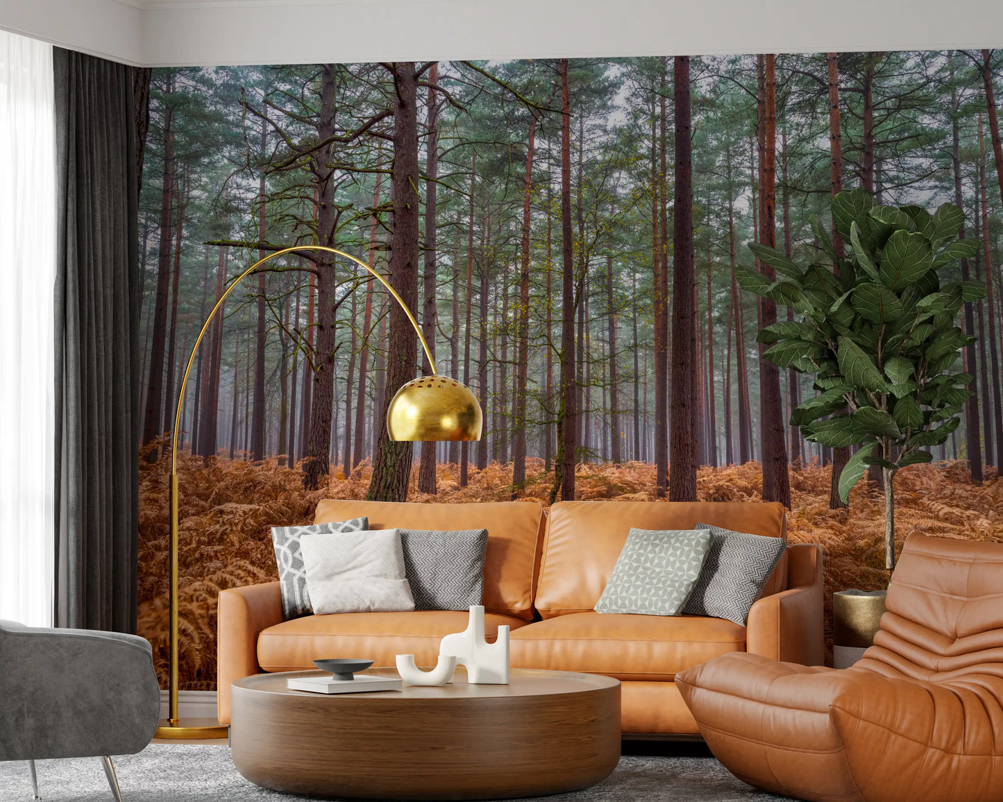Woodland mural with Vertical pine trunks and grey-green foliage., GD10424