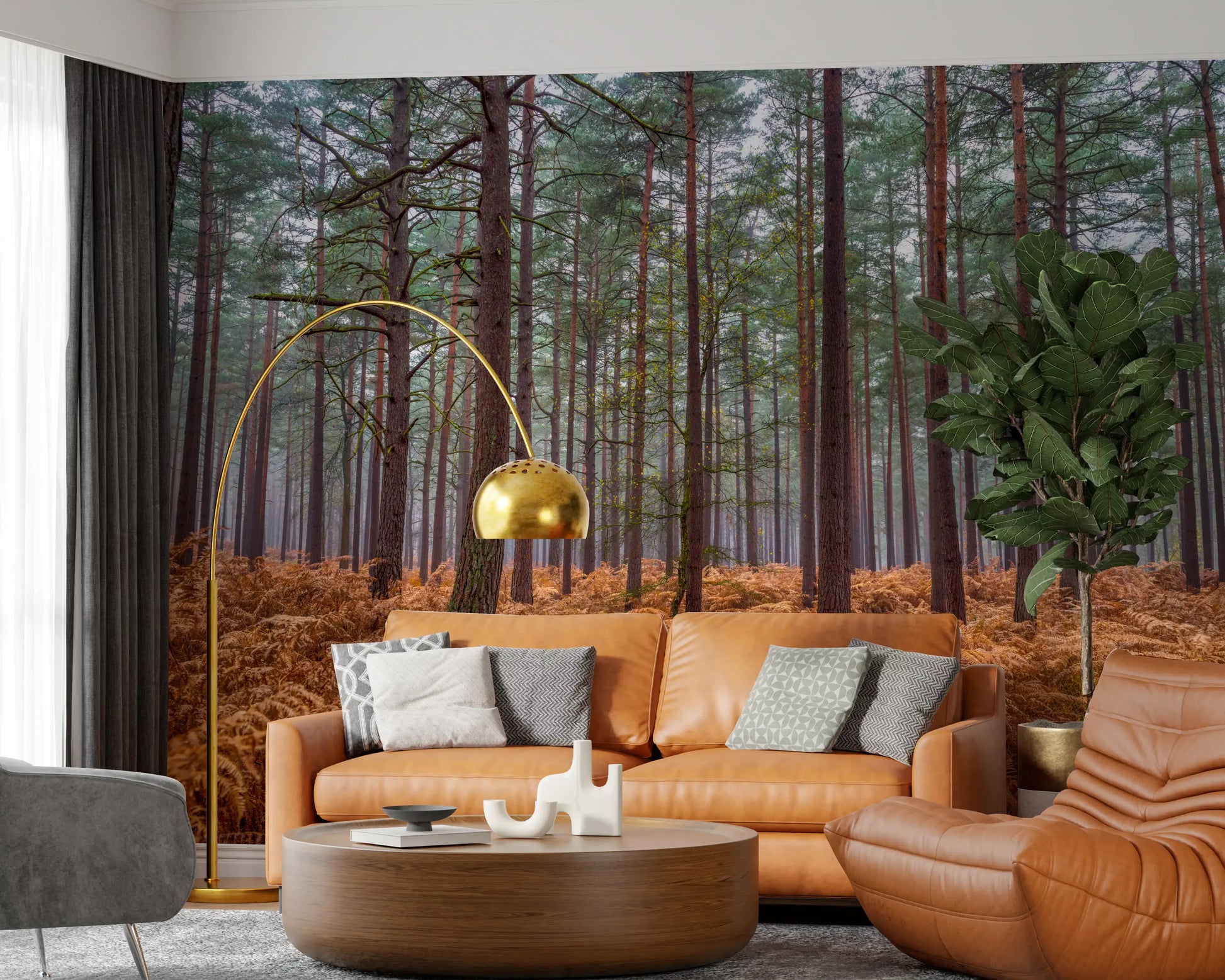 Woodland mural with Vertical pine trunks and grey-green foliage., GD10424