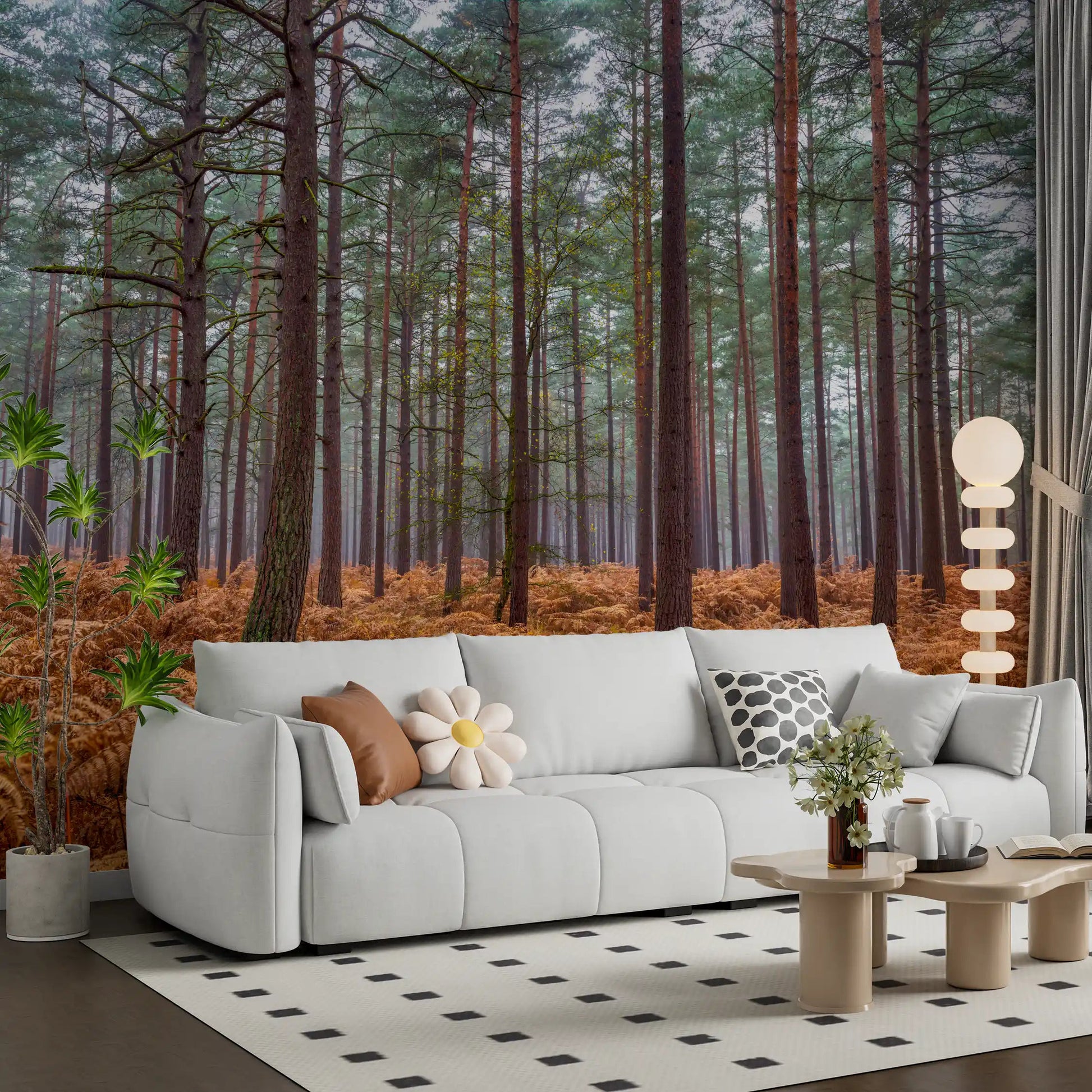 Pine Woods and Ember Ferns mural showing moss-covered bark and mist., GD10424