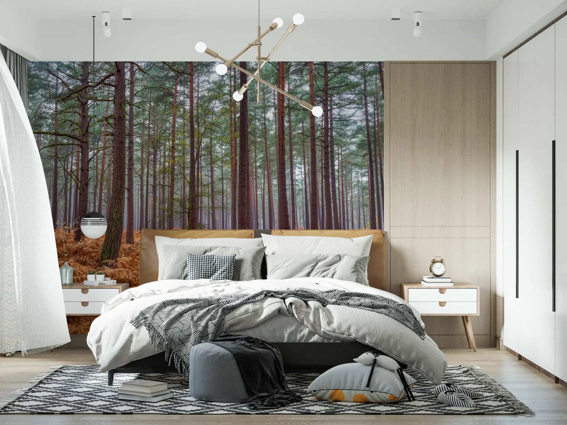 Forest wall mural with Golden fern carpet beneath tall pine trees in bedroom., GD10424