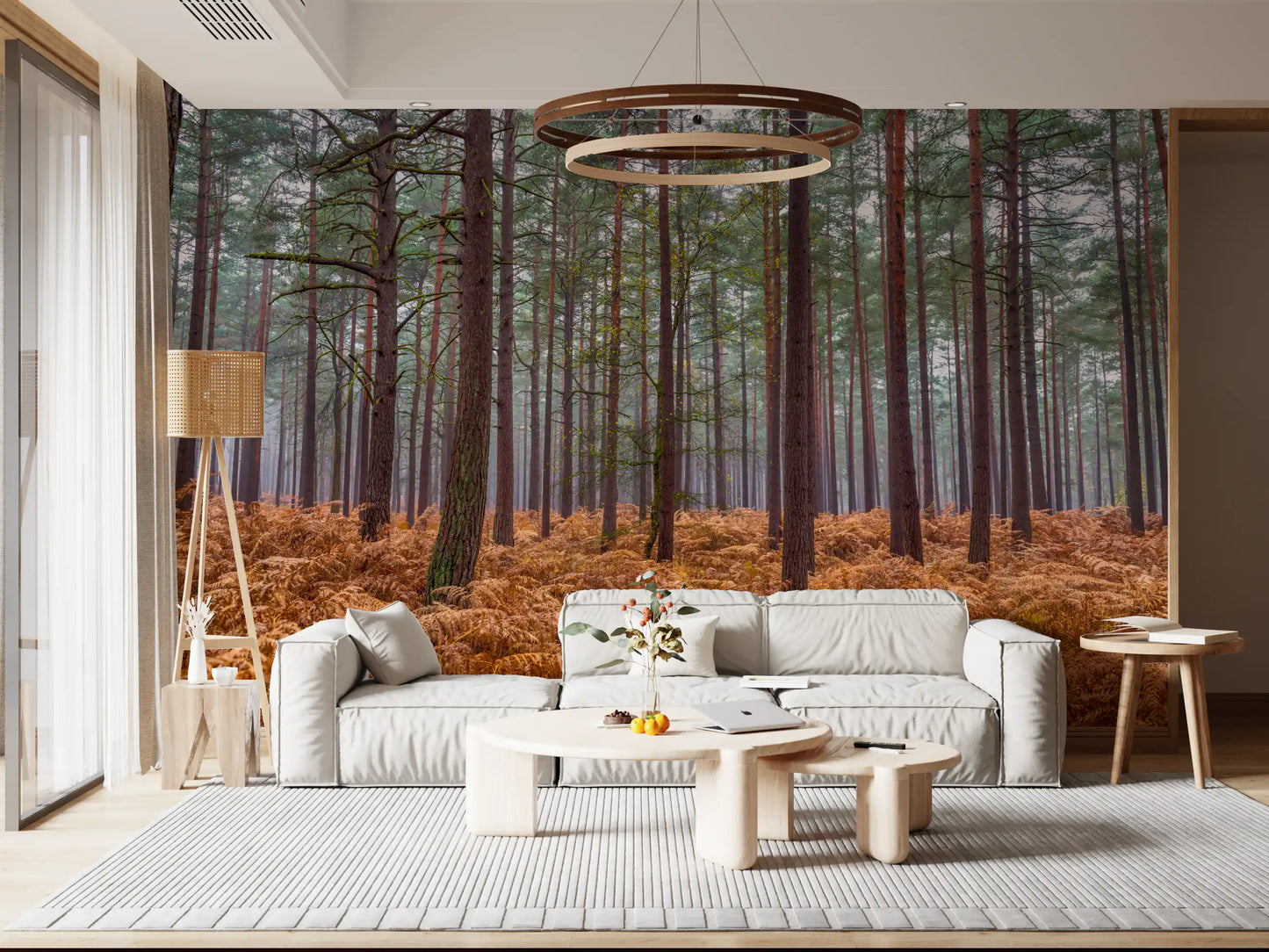 Pine Woods and Ember Ferns wall mural with tall trees and golden ferns., GD10424
