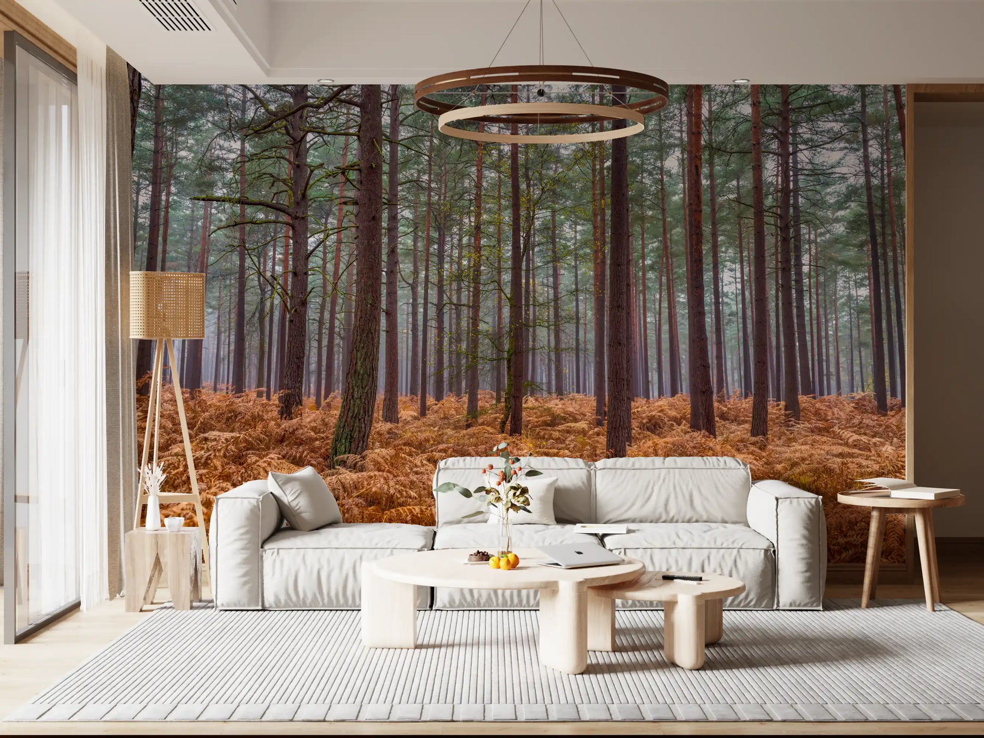 Pine Woods and Ember Ferns wall mural with tall trees and golden ferns., GD10424