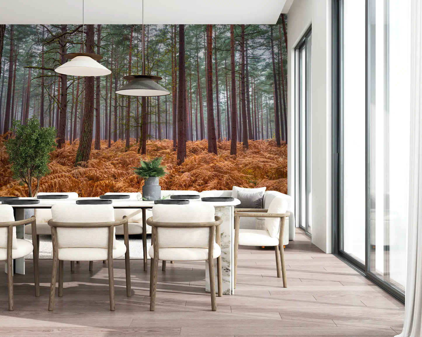 Autumn forest wall mural applied in a dining room with tall trees., GD10424