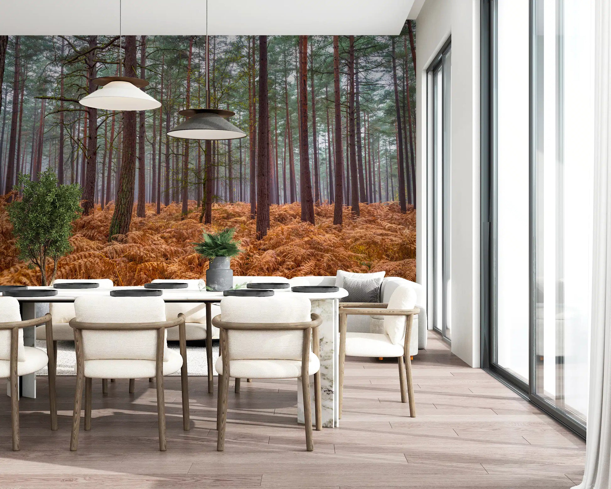 Autumn forest wall mural applied in a dining room with tall trees., GD10424