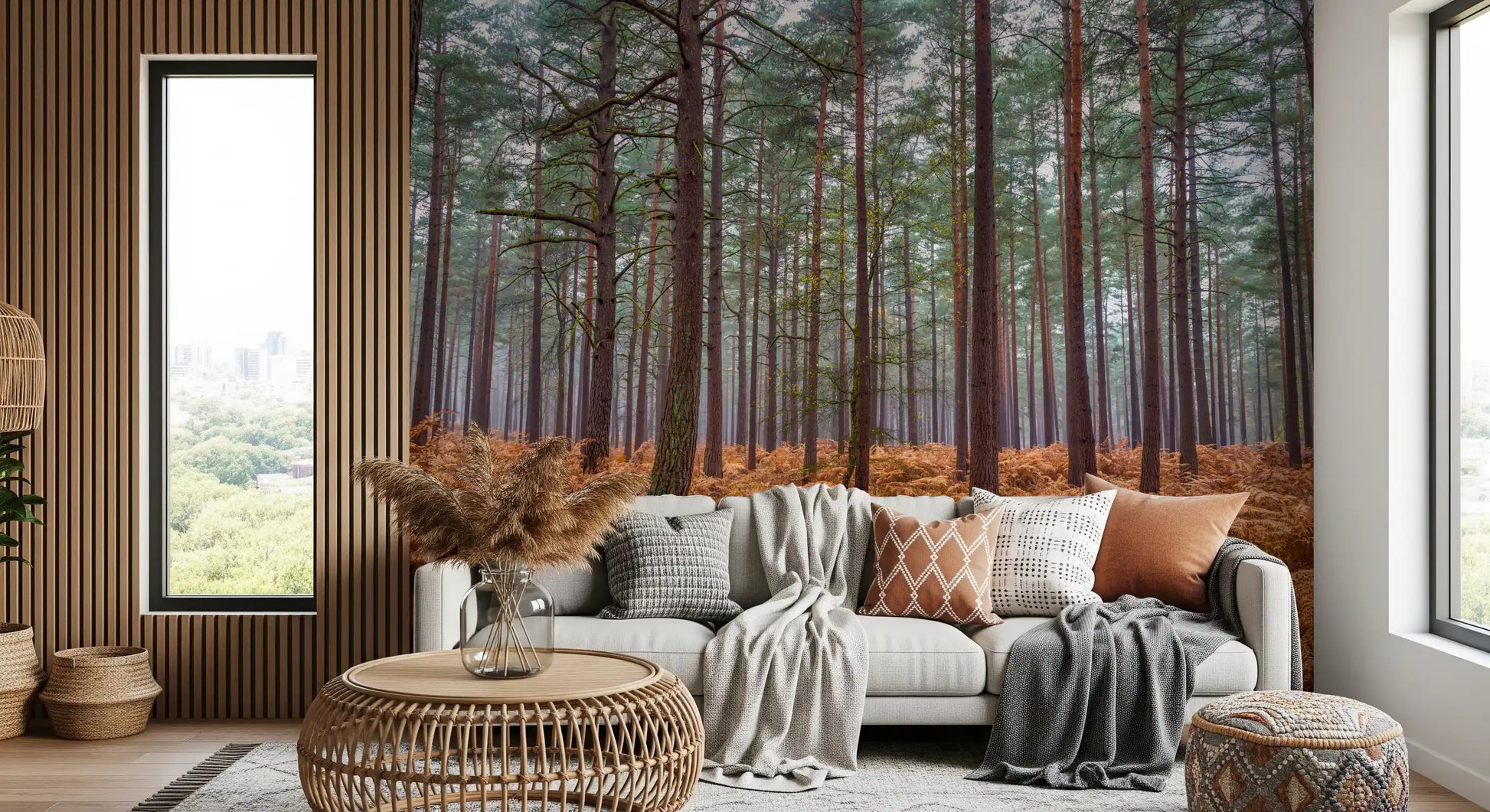 Misty pine forest wall mural with dried amber fern undergrowth., GD10424