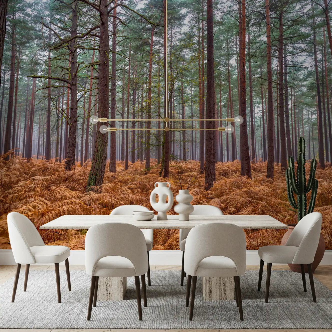 Pine Woods and Ember Ferns wall mural displayed in a dining room.
