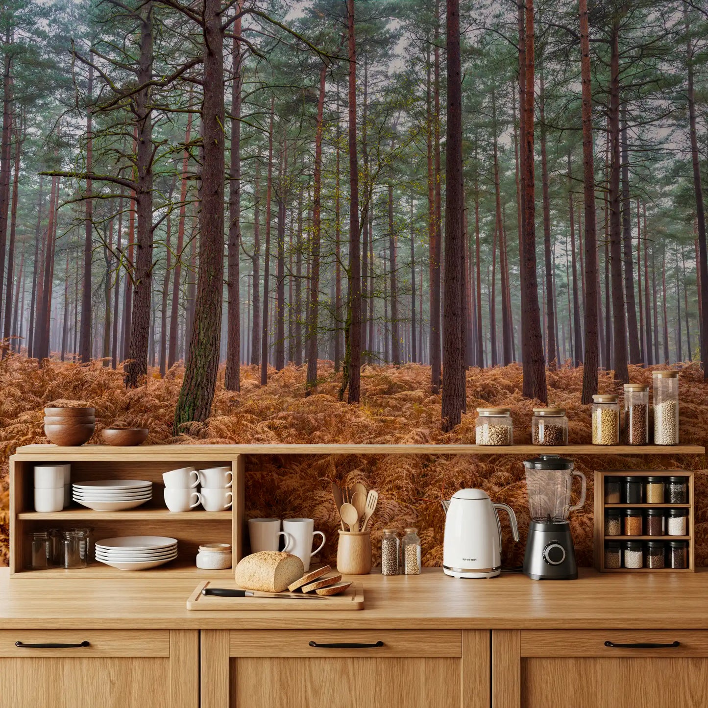Diffused light through pine canopy in autumn forest wall mural for kitchen., GD10424