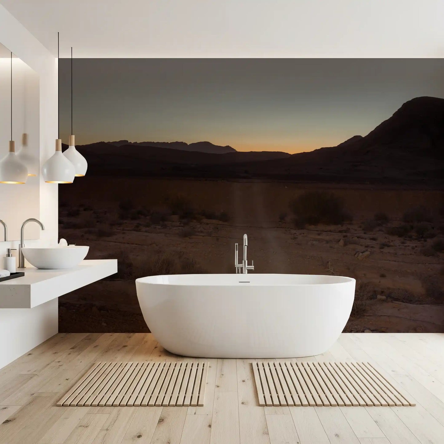 Desert wall mural with Dusty trail through arid scrubland in bathroom., GD10425