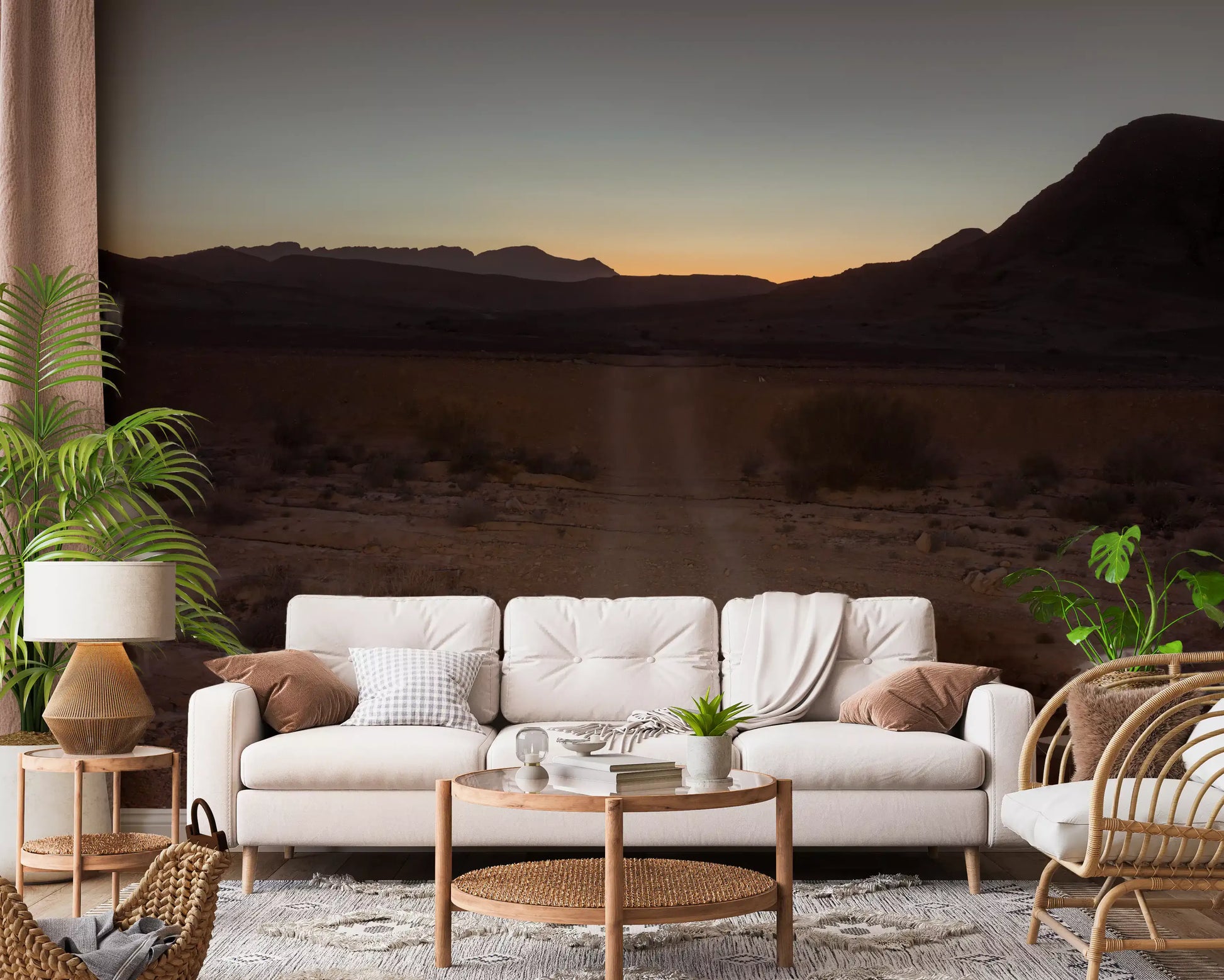 Sandy beige foreground with scattered rocks in desert path wall mural., GD10425