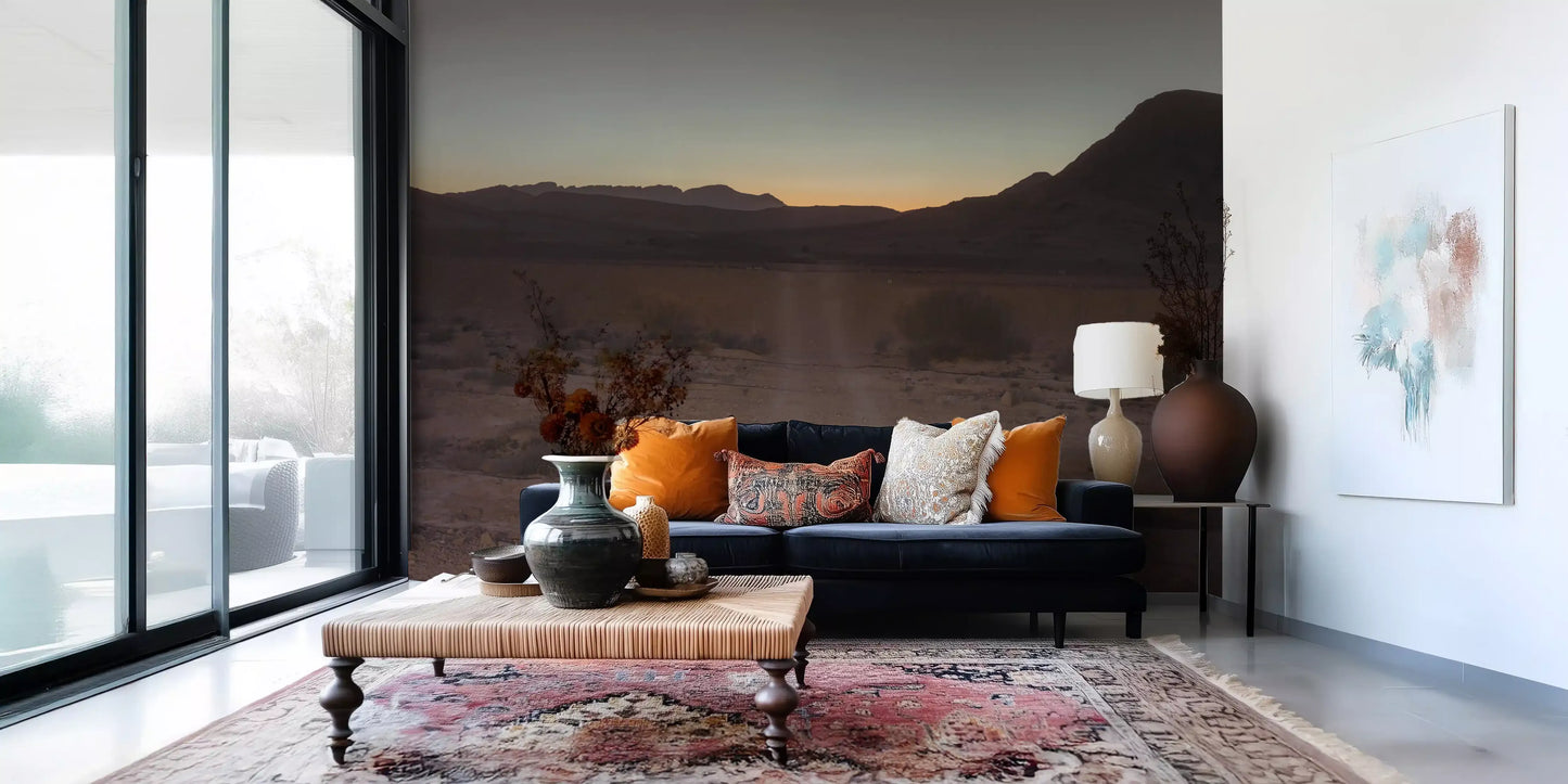 Twilight desert landscape mural with amber horizon and dark peaks., GD10425