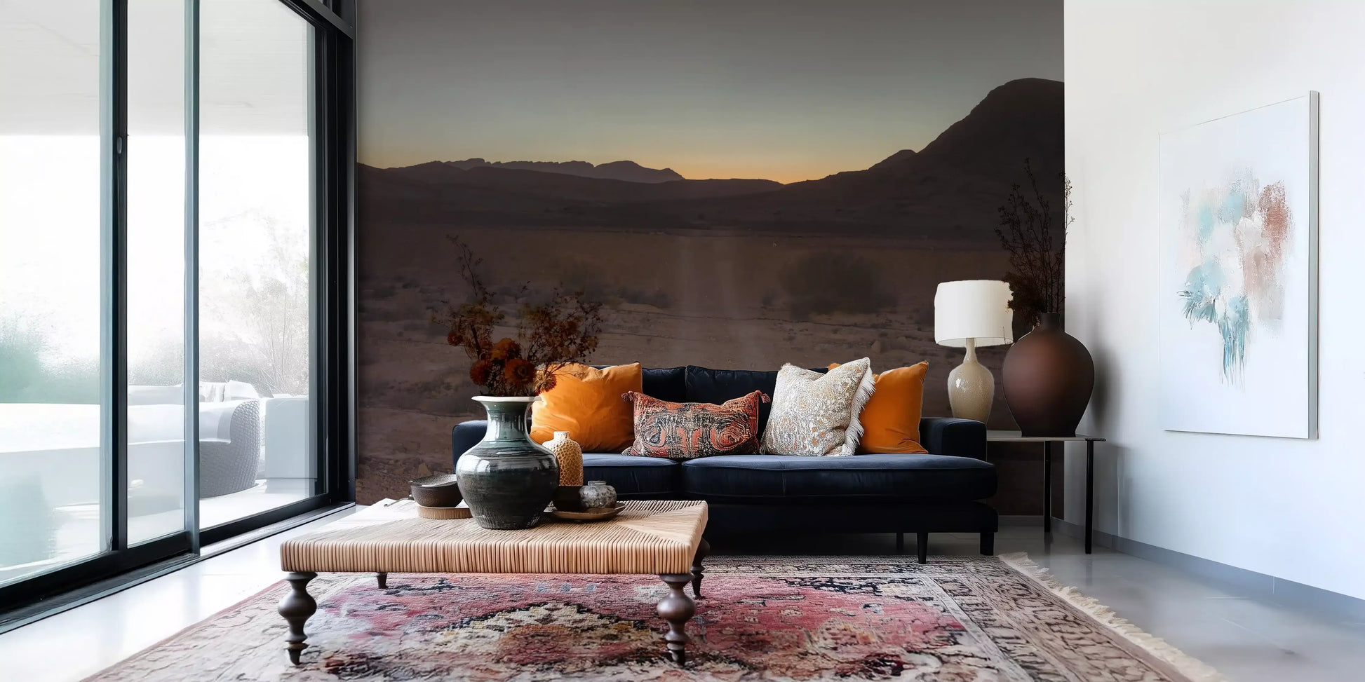 Twilight desert landscape mural with amber horizon and dark peaks., GD10425