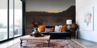 Twilight desert landscape mural with amber horizon and dark peaks., GD10425