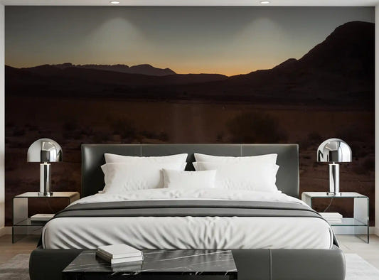 Twilight desert trail wall mural applied in a bedroom with twilight sky view.