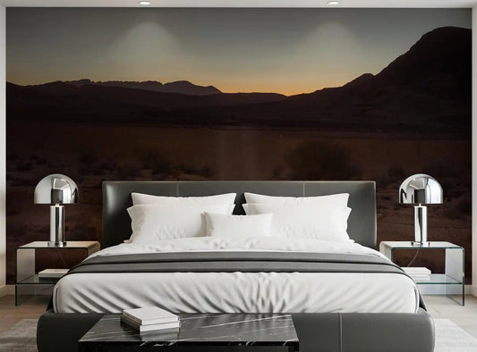 Twilight desert trail wall mural applied in a bedroom with twilight sky view.