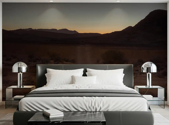 Twilight desert trail wall mural applied in a bedroom with twilight sky view., GD10425