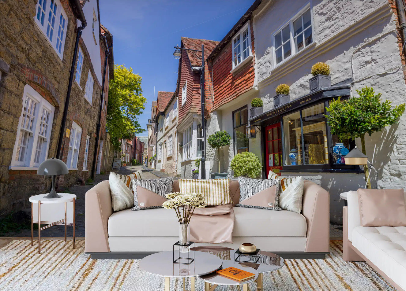 Charming Cobbled Lane wall mural displayed in a living room.