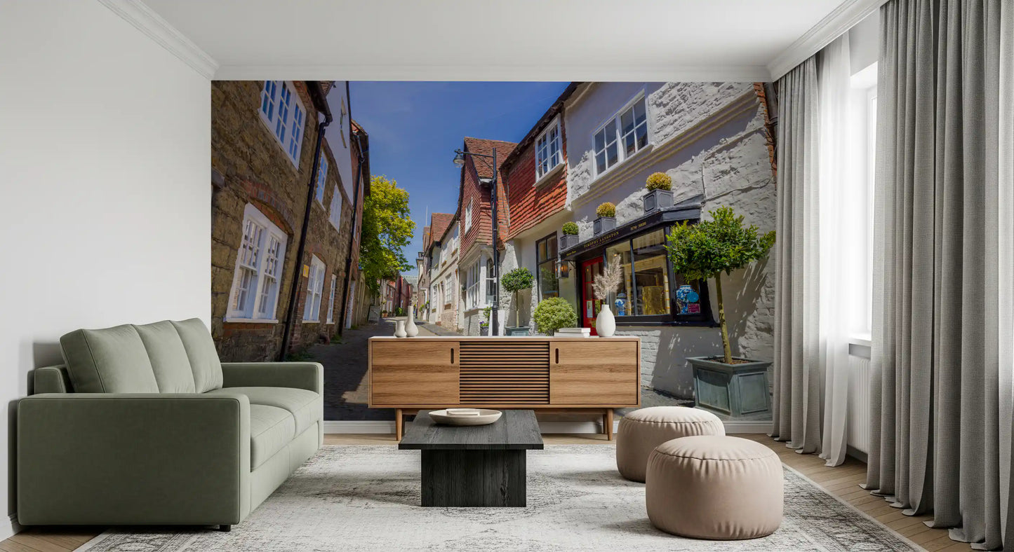 Narrow cobblestone street wall mural under a bright blue sky., GD10426