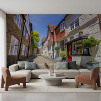 Potted topiary trees along a sunlit cobblestone lane wall mural., GD10426