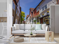 Weathered stone facades and clay tile rooftops in cobbled lane mural., GD10426
