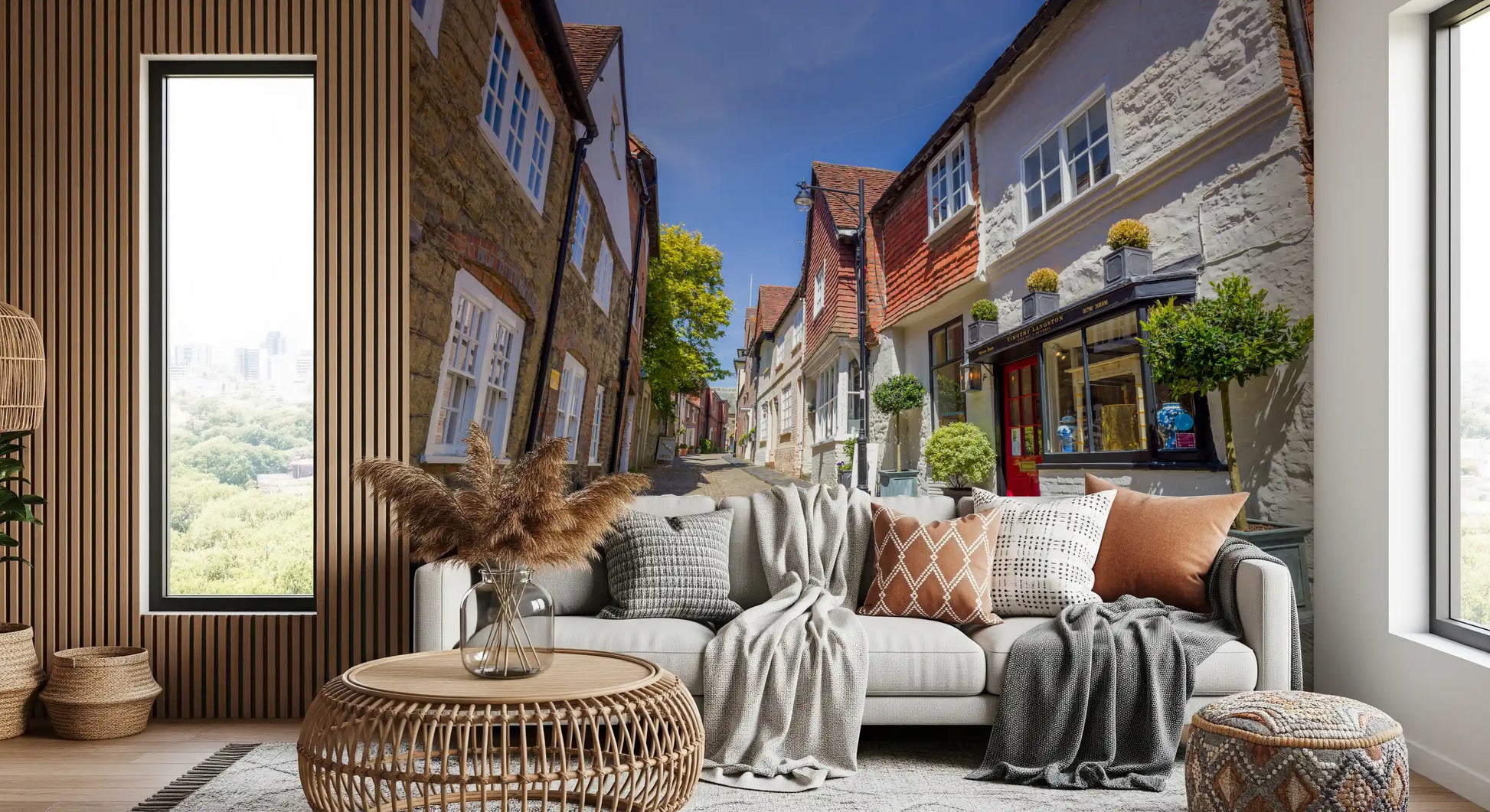 White-rendered walls and sandstone masonry in historic lane mural., GD10426