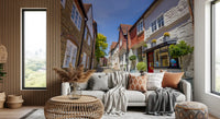 White-rendered walls and sandstone masonry in historic lane mural., GD10426