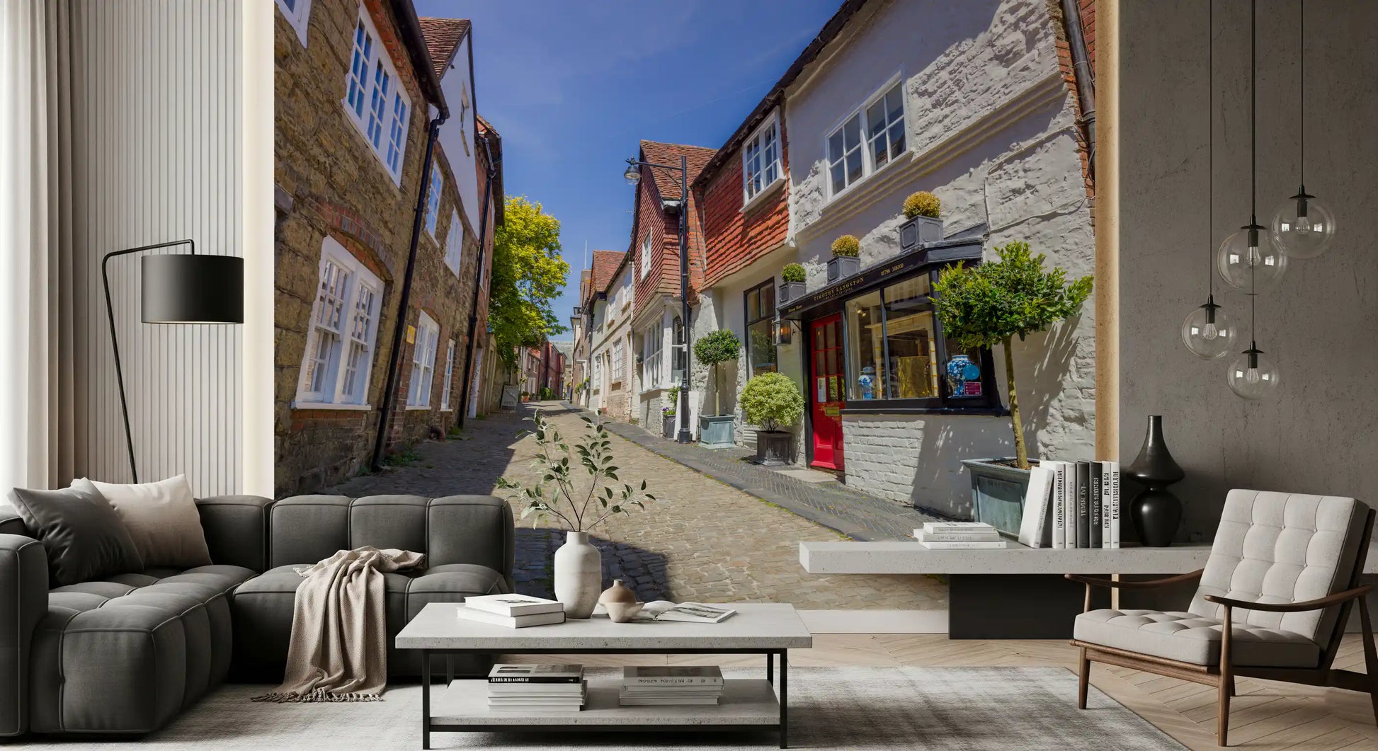 Uneven cobblestones with warm sunlight shadows in lane wall mural., GD10426