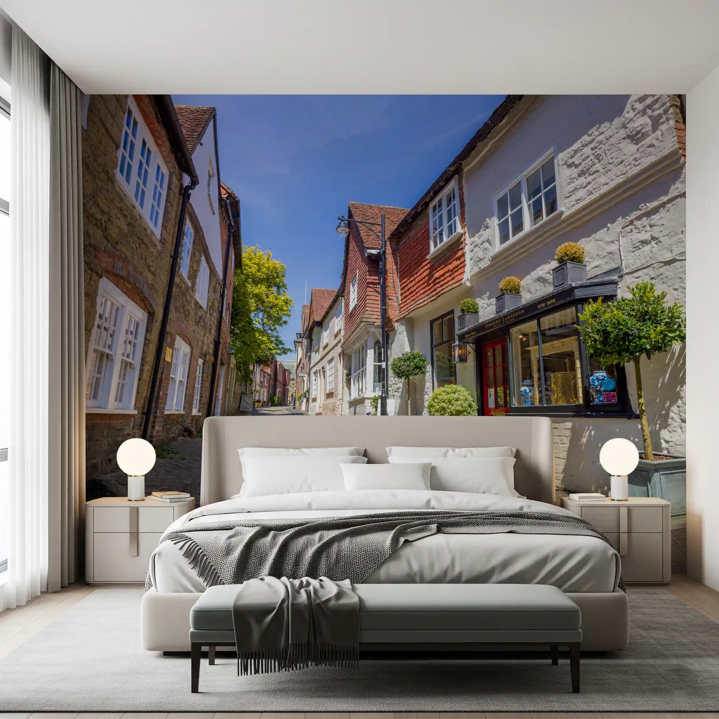 Cobblestone street mural applied in a bedroom with sandstone masonry., GD10426