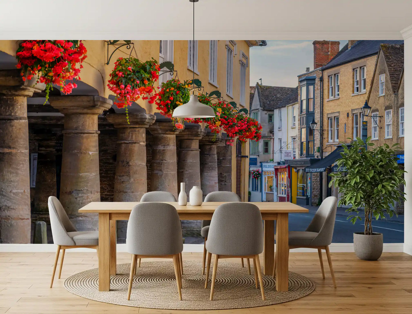 Village Blooms and Stone Archway wall mural displayed in a dining room., GD10427
