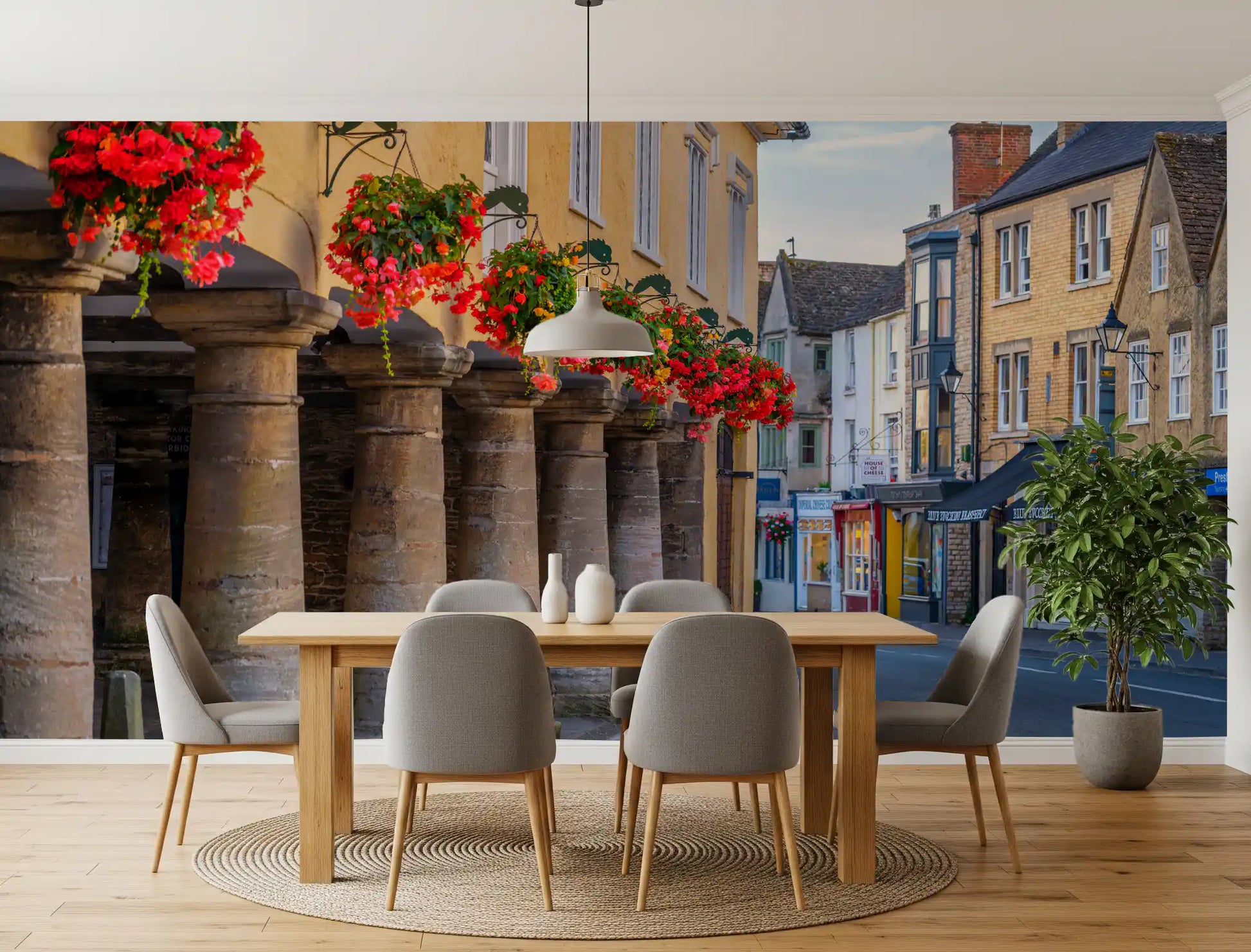 Village Blooms and Stone Archway wall mural displayed in a dining room., GD10427