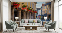 Traditional street lamps and brick chimneys in village street mural., GD10427
