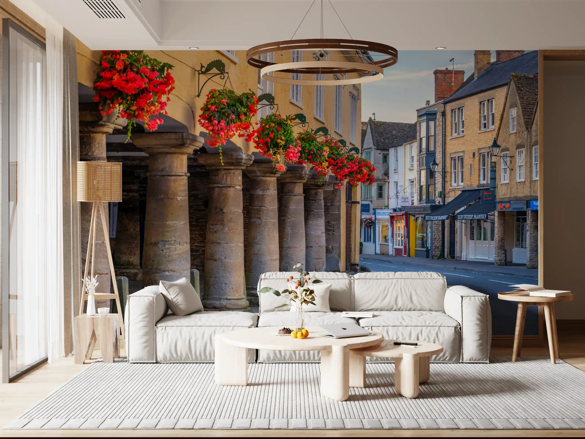 Street mural with Golden yellow building facade and iron flower brackets in living room., GD10427