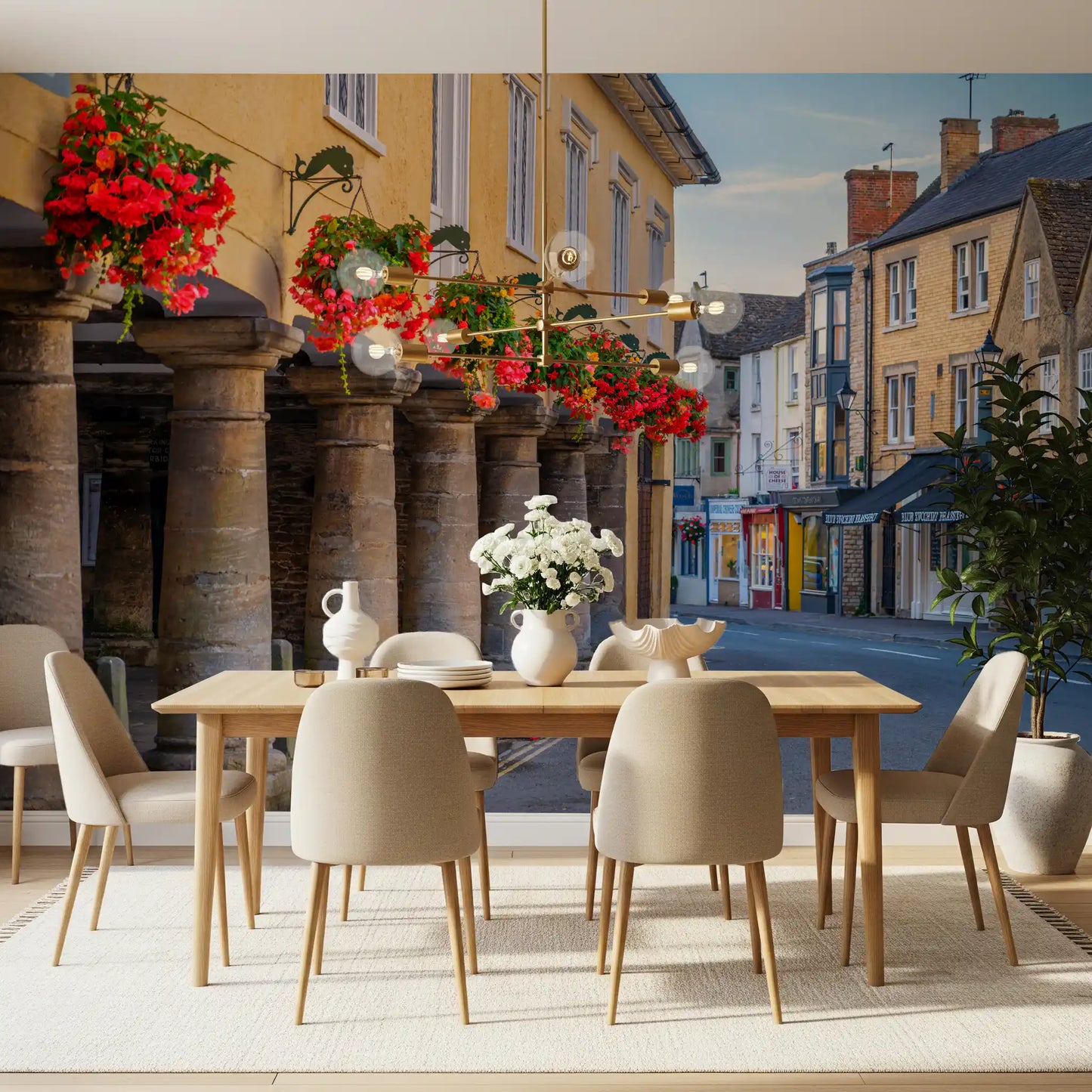 Village Blooms and Stone Archway wall mural with columns and red flowers., GD10427