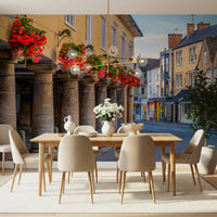 Village Blooms and Stone Archway wall mural with columns and red flowers., GD10427